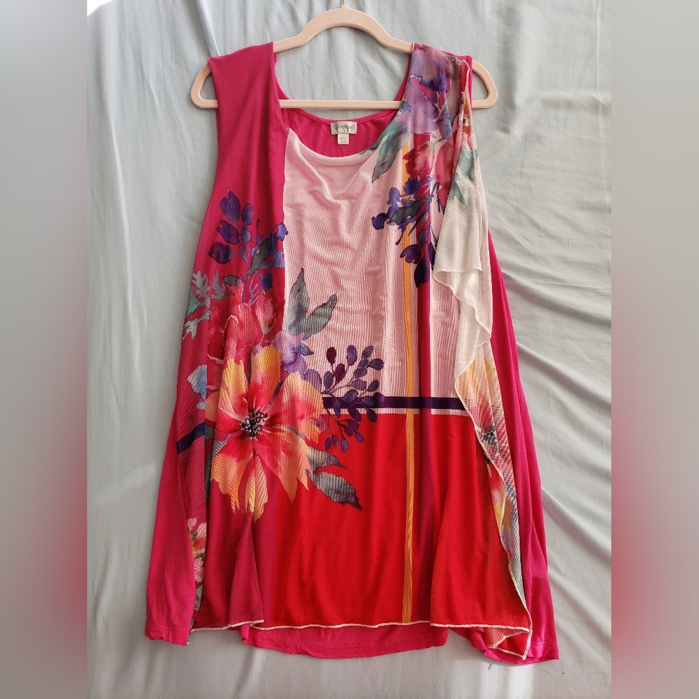 Avenue Pink Floral Tank Top, Plus Size Pastel Garden Print, Soft Sheer Overlay